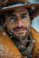 Wall Mural - 20-year-old male model in a winter setting, smiling and highlighting a luxurious down hat, perfect for a minimalist banner advertisement, snowy background 