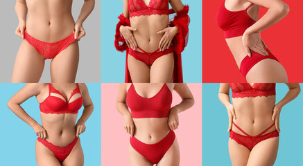 Canvas Print - Collage of different women in red underwear on color background