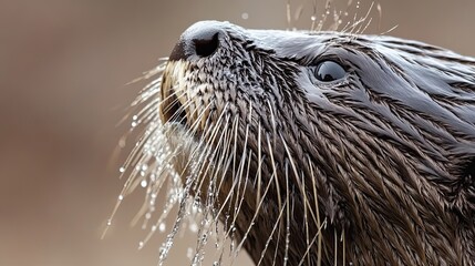 Poster - Wet Otter Close Up Showing Whiskers and Fur