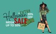 © Pixel-Shot - Young woman dressed as witch with shopping bags on green background. Banner for Halloween sale