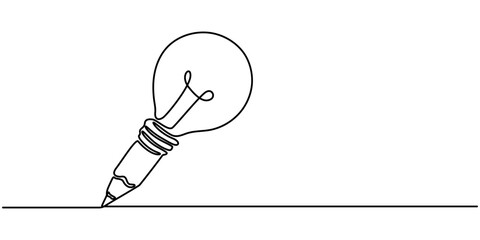 Wall Mural - continuous one line drawing of pencil with idea light bulb combined into symbol, creative energy des