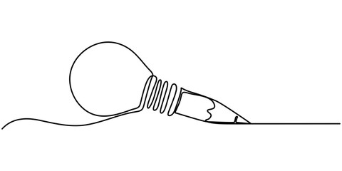 Wall Mural - continuous one line drawing of pencil with idea light bulb combined into symbol, creative energy des