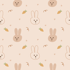 Wall Mural - Face rabbit cartoon so cute. On carrot background. Pattern seamless vector illustration. 