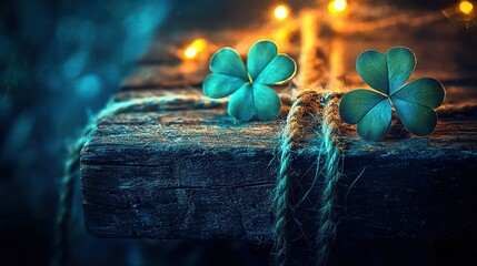 Shamrocks, twine on wood, bokeh lights.