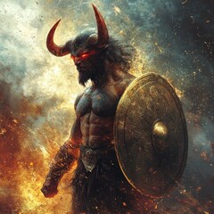 Wall Mural - A muscular warrior with horns stands amidst fiery chaos, exuding power and intensity.