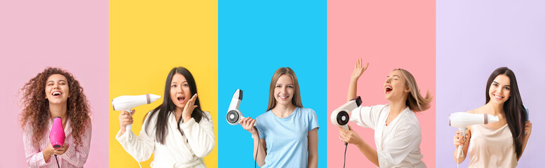 Wall Mural - Set of young women with hair dryers on color background