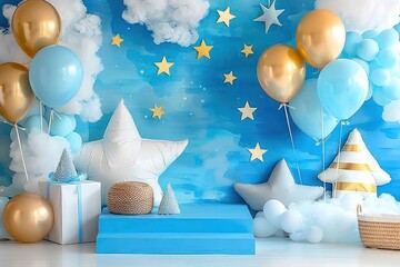 Blue Wall First Birthday Celebration with Balloons, Stars, and Fluffy Clouds for Christmas Photography