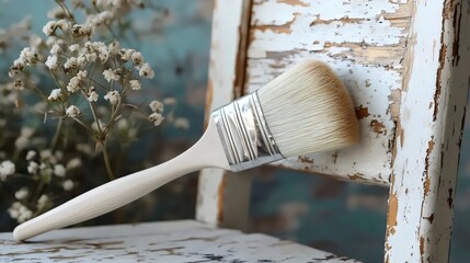 A white paintbrush is sitting on a wooden chair