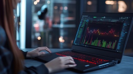 Wall Mural - woman analyzing data chart on laptop screen in modern workspace
