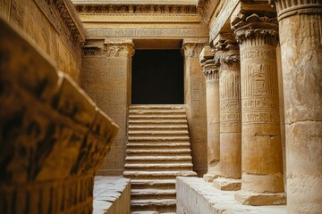 Poster - Ancient stone hallway, columns, stairs, hieroglyphs.