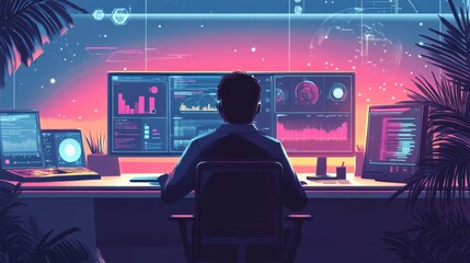 Wall Mural - futuristic workspace with data visualizations in beautiful sunset