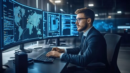 Businessman Analyzing Global Data on Multiple Monitors
