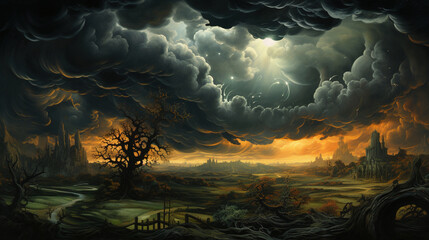 Poster - Epic Fantasy Landscape at Sunset with Ruined City