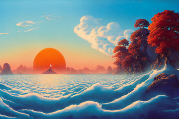 Poster - A Colorful Sunset Over a Mystical Island