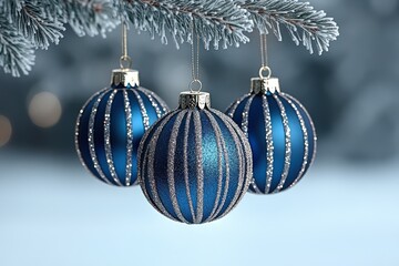 Wall Mural - Festive Christmas Balls Hanging from Snowy Fir Branches