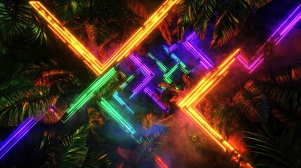 Wall Mural - neon light patterns amidst lush tropical foliage and night skies