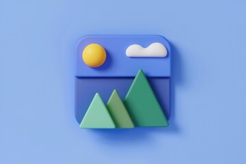 Poster - A minimalist 3D rendering of a landscape: sun, cloud, and mountains, represented by simple geometric shapes.