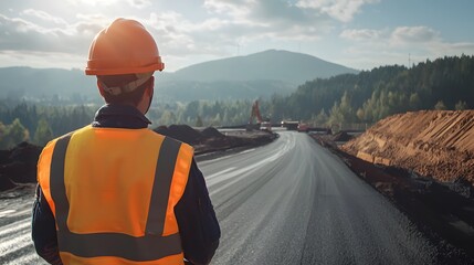 Construction Worker Overseeing Road Construction Project