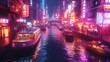 © QITIAN - Vibrant night scene of a city canal with illuminated boats and neon lights.