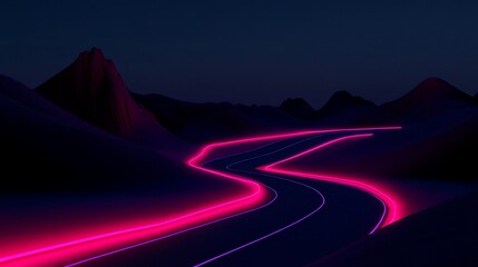 Poster - Neon pink road winding through dark, stylized mountains at night.