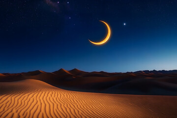 Wall Mural - a crescent moon and star shining over a peaceful desert scene, symbolizing the start of ramadan unde