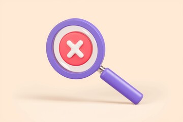 Leinwandbilder - A magnifying glass focuses on a red circle with a white X, symbolizing rejection or error.