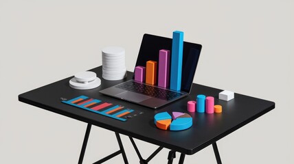 Aufkleber - Laptop displaying colorful bar and pie charts on a black table, showing business data analysis.