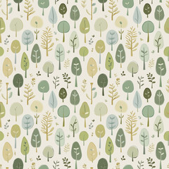 seamless eco-friendly pattern featuring whimsical trees and leaves on light background for nature si