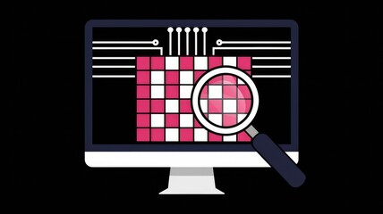 Fototapete - Magnifying glass inspecting data matrix on computer screen, representing data analysis and digital investigation.