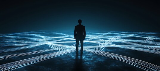 A conceptual image of a businessman standing at a digital crossroads with multiple glowing paths, representing choices in business, set against a futuristic background, symbolizing decision-making in 