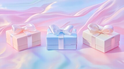 A set pastel-colored gift boxes with satin ribbons, adorned with bows and delicate textures