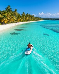 Exploring turquoise waters while riding a jet ski along a tropical beach on a sunny day