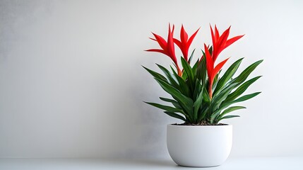 Wall Mural - Vibrant Red Heliconia Blooms in a White Pot