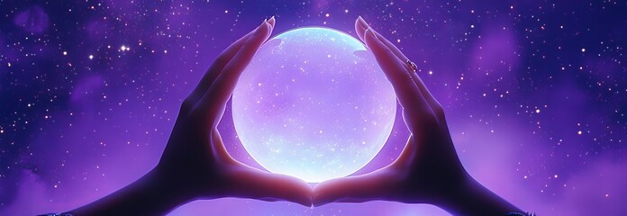 Wall Mural - A female fortune teller cradling a large crystal ball, set against a sparkling magenta background, with room for additional text