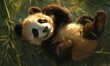 © Mosaic - A playful panda resting among bamboo leaves in a serene setting.