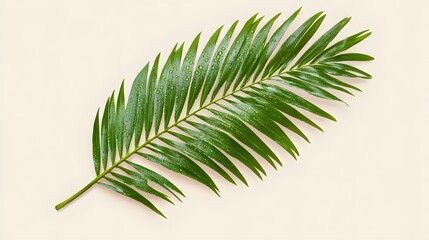 Wall Mural - Dewy Green Palm Frond on Beige Background