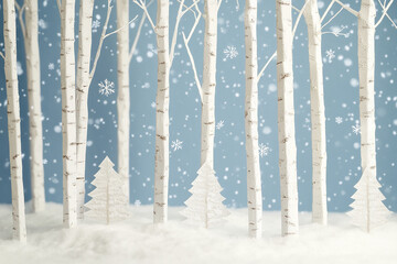 Wall Mural - Winter birch forest with snowflakes falling on snowy ground and minimal paper-cut pine trees against a blue background