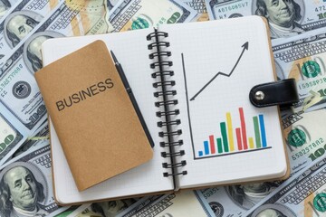 Aufkleber - Business growth depicted via hand-drawn charts in a notebook atop US dollar bills.
