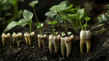 Wall Mural - Plants sprouting from extracted teeth in soil.