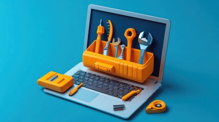online tech support and troubleshooting: a laptop with tools