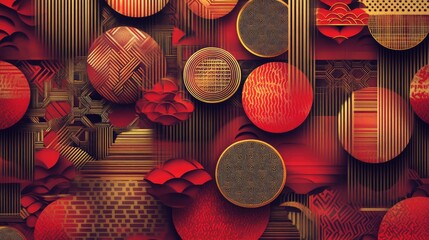 Sticker - Abstract geometric Chinese New Year patterns, featuring interlocking shapes and radiant red and gold tones.