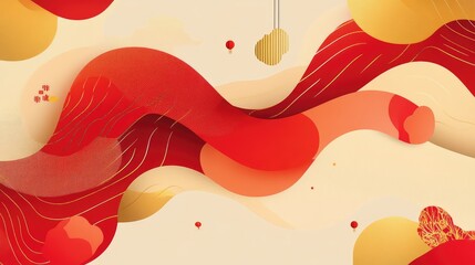 Sticker - Abstract geometric Chinese New Year poster with flowing red and gold shapes, featuring symbols of luck and prosperity.