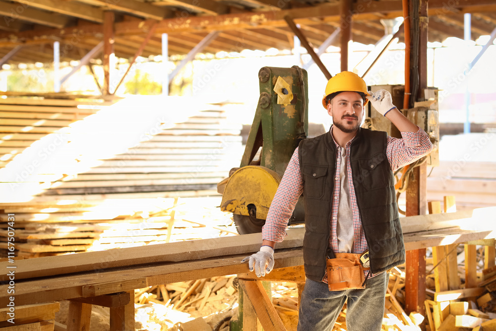 Portrait of young carpenter in hardhat at sawmill