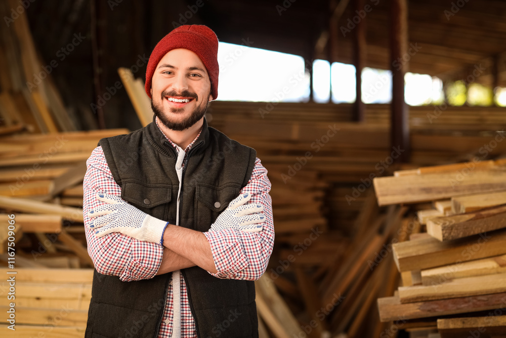 Portrait of young carpenter smiling at sawmill