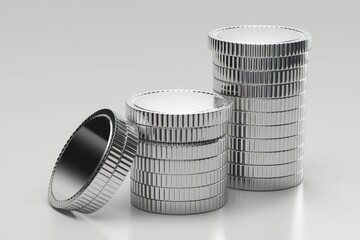 Aufkleber - Three stacks of shiny silver coins, representing wealth, finance, and savings.