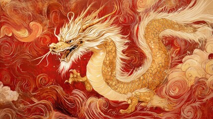 Wall Mural - Abstract golden dragon with swirling red patterns, creating a dramatic and powerful Year of the Dragon vibe.