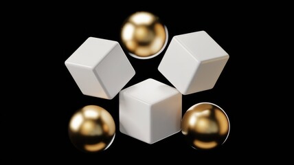 Poster - Three white cubes are arranged around a central cube, with golden spheres surrounding the structure on a transparent background.