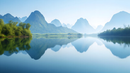 Serene landscape with calm water reflecting a hazy mountain range under a clear blue sky. glowing, liquid, shiny, fantasy, horizontal, no people, science, usa, wave, astronomy, atmosphere, bubble,