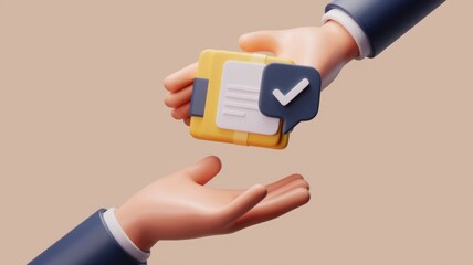 Leinwandbilder - 3D rendering of hands exchanging a document with a checkmark, signifying approval or completion.