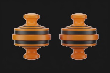 Aufkleber - Two orange and black abstract 3D objects, possibly representing stylized tops or stamps.